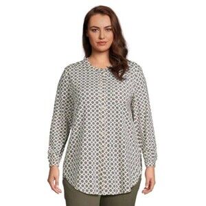 Lands End Sz 1X Blouse Shirt Button Down Top White Gray Geometric Print Career